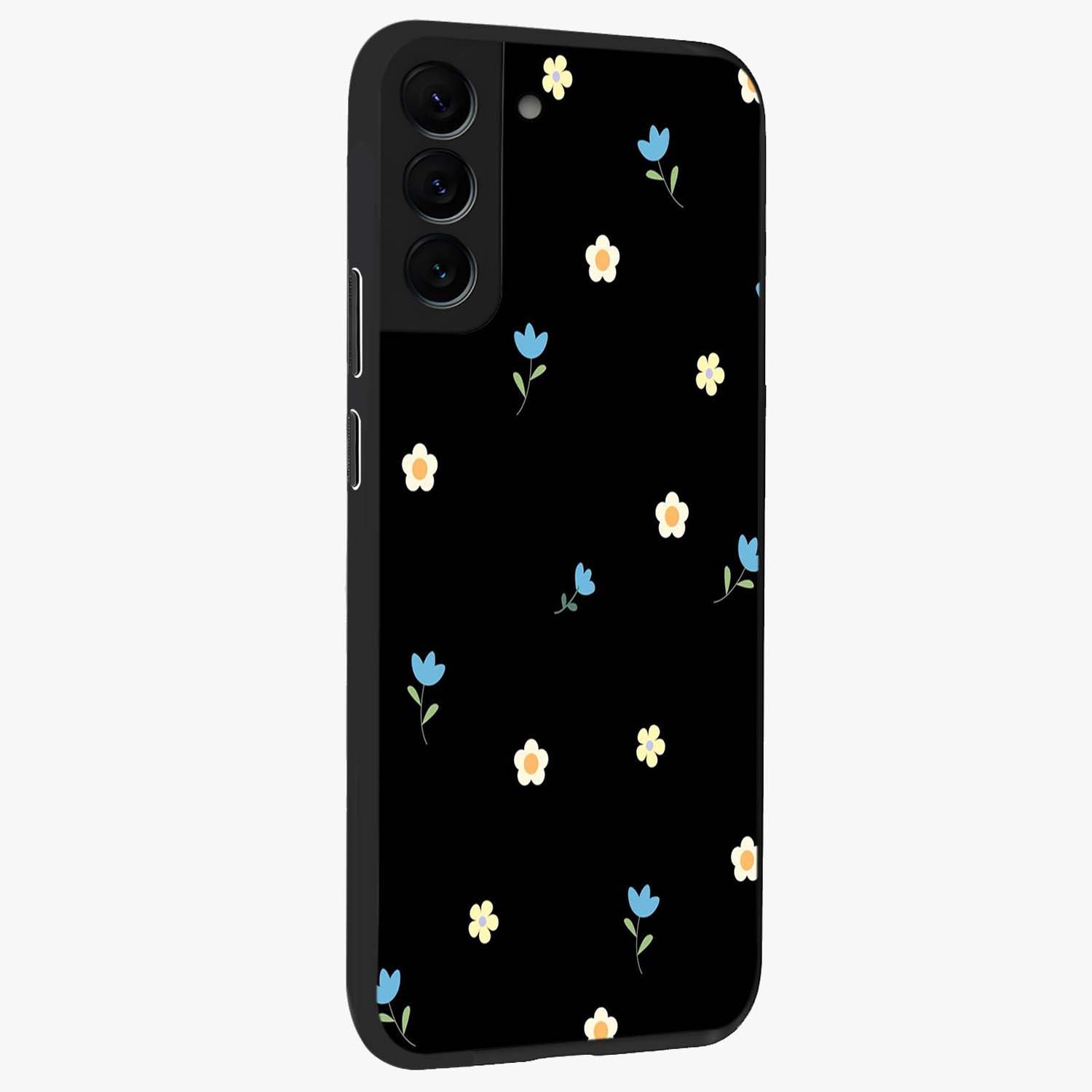 Minimal Petal Whispers Glass Case upright view showcasing elegant floral artwork with modern minimalist style.