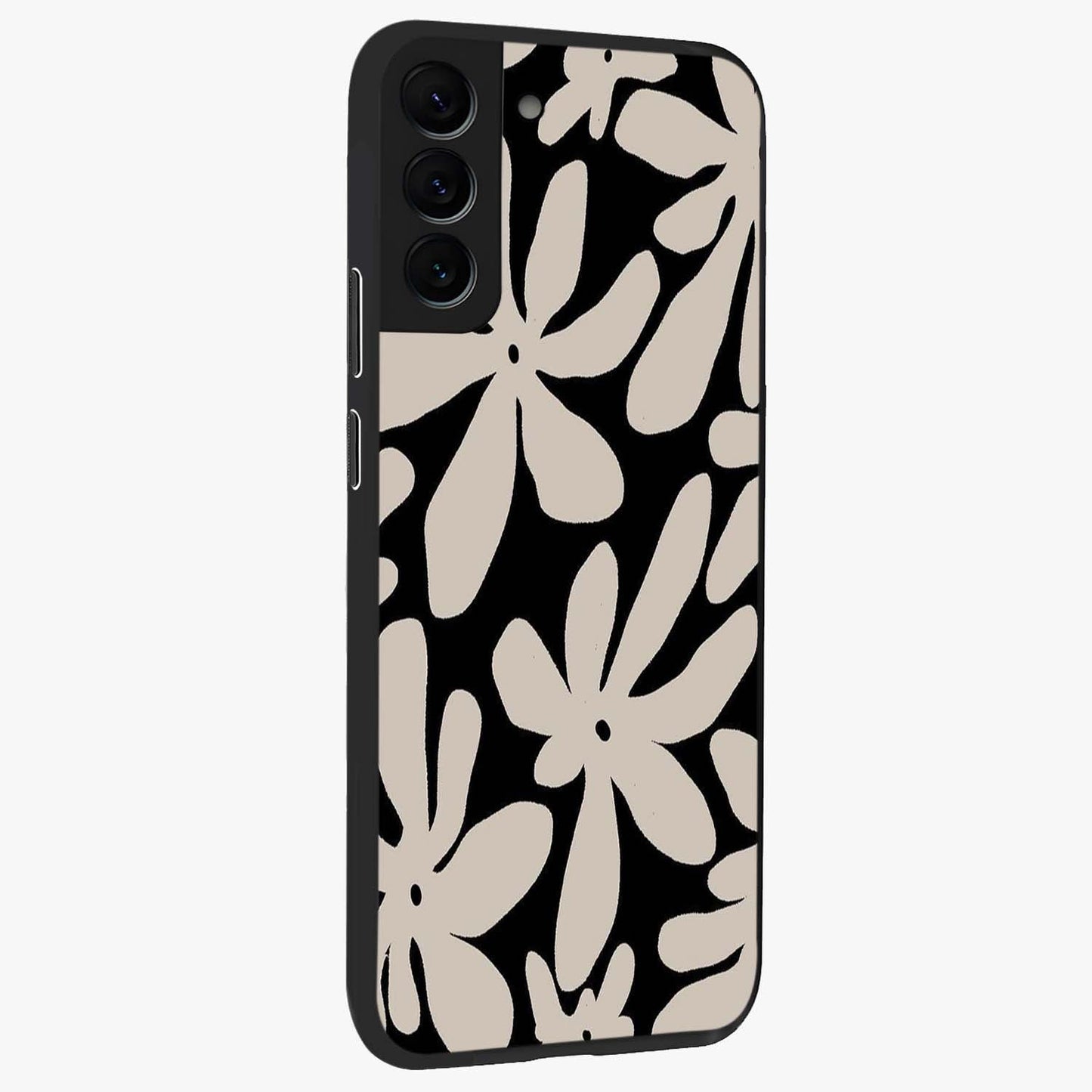 Monochrome Petal Dance Glass Case upright view showcasing artistic floral pattern with stylish monochrome theme.