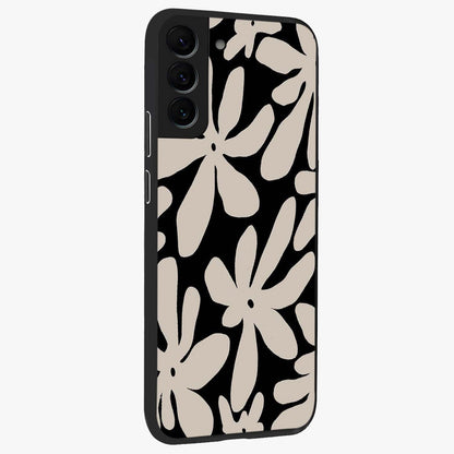Monochrome Petal Dance Glass Case upright view showcasing artistic floral pattern with stylish monochrome theme.