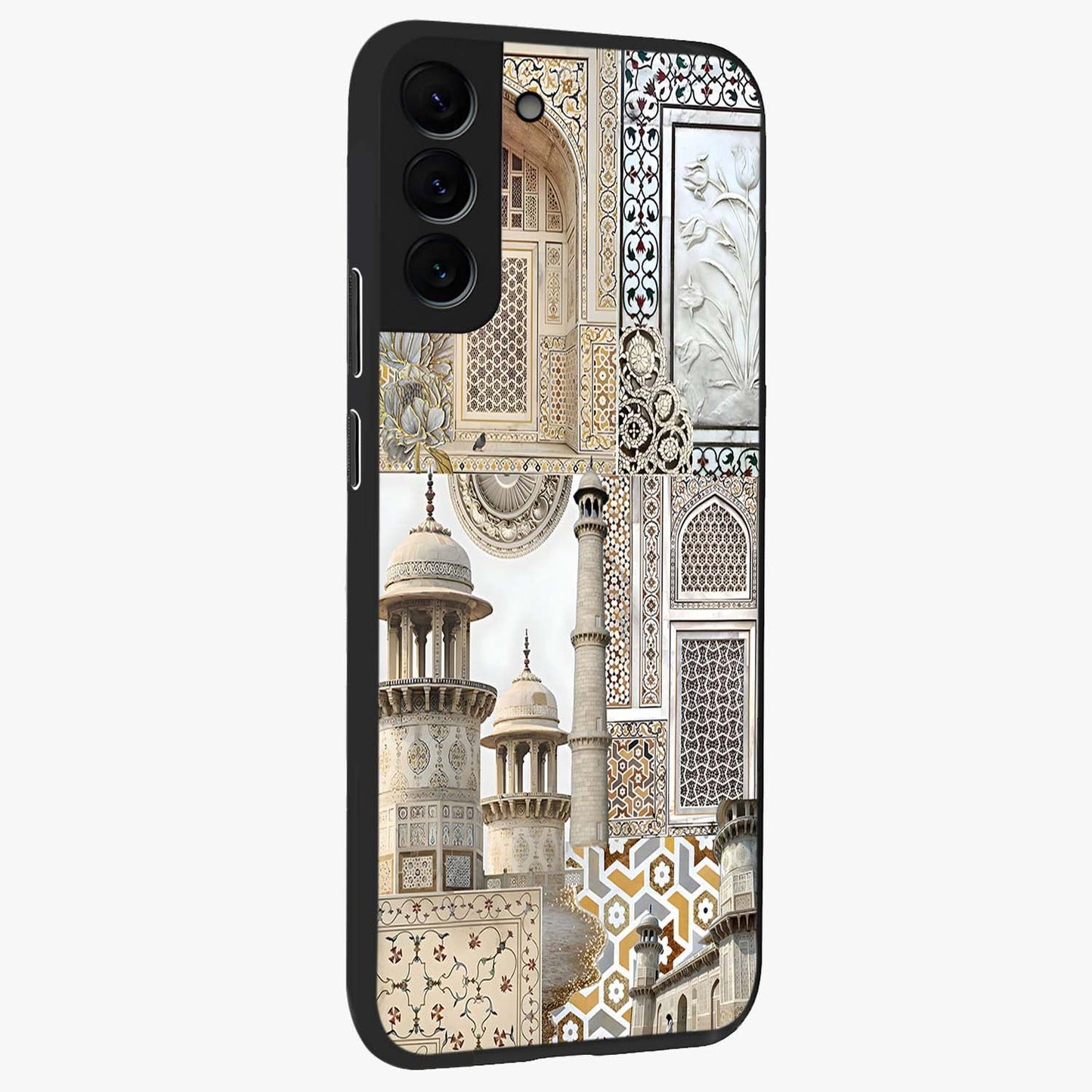 Mughal Marble Legacy Glass Case upright view showcasing ornate Mughal design with luxurious traditional theme.