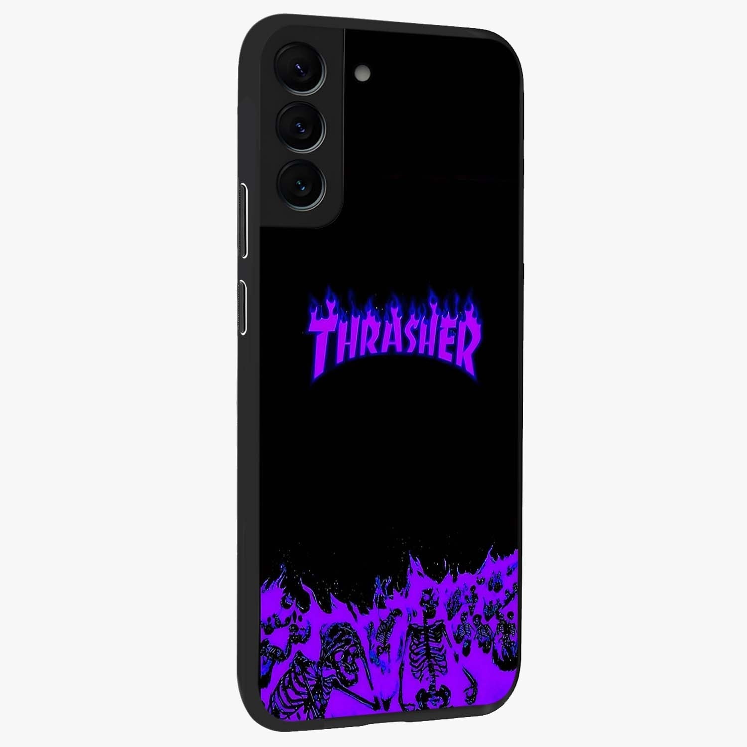 Neon Flame Riot Glass Case upright view showcasing dynamic flame artwork with energetic neon theme.