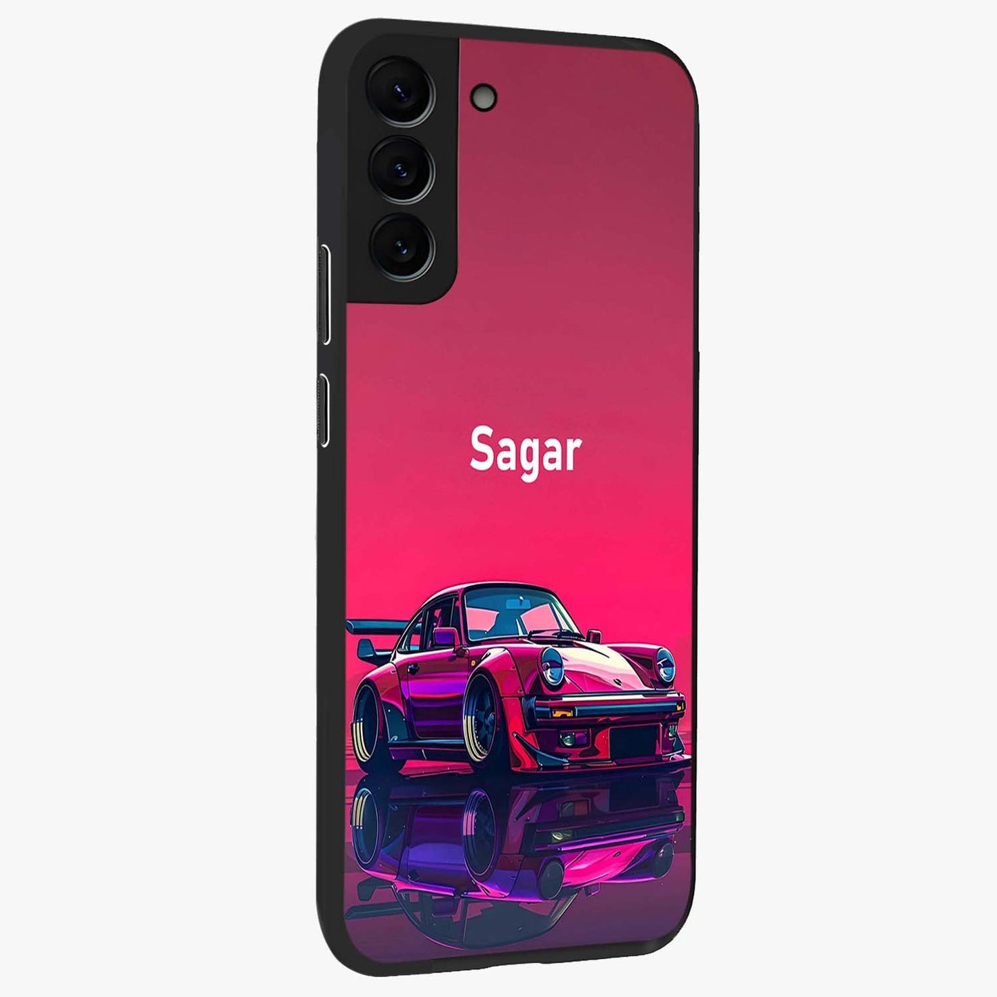 Neon Pink Porsche Glass Case upright view showcasing vibrant sports car artwork with bold automotive theme.