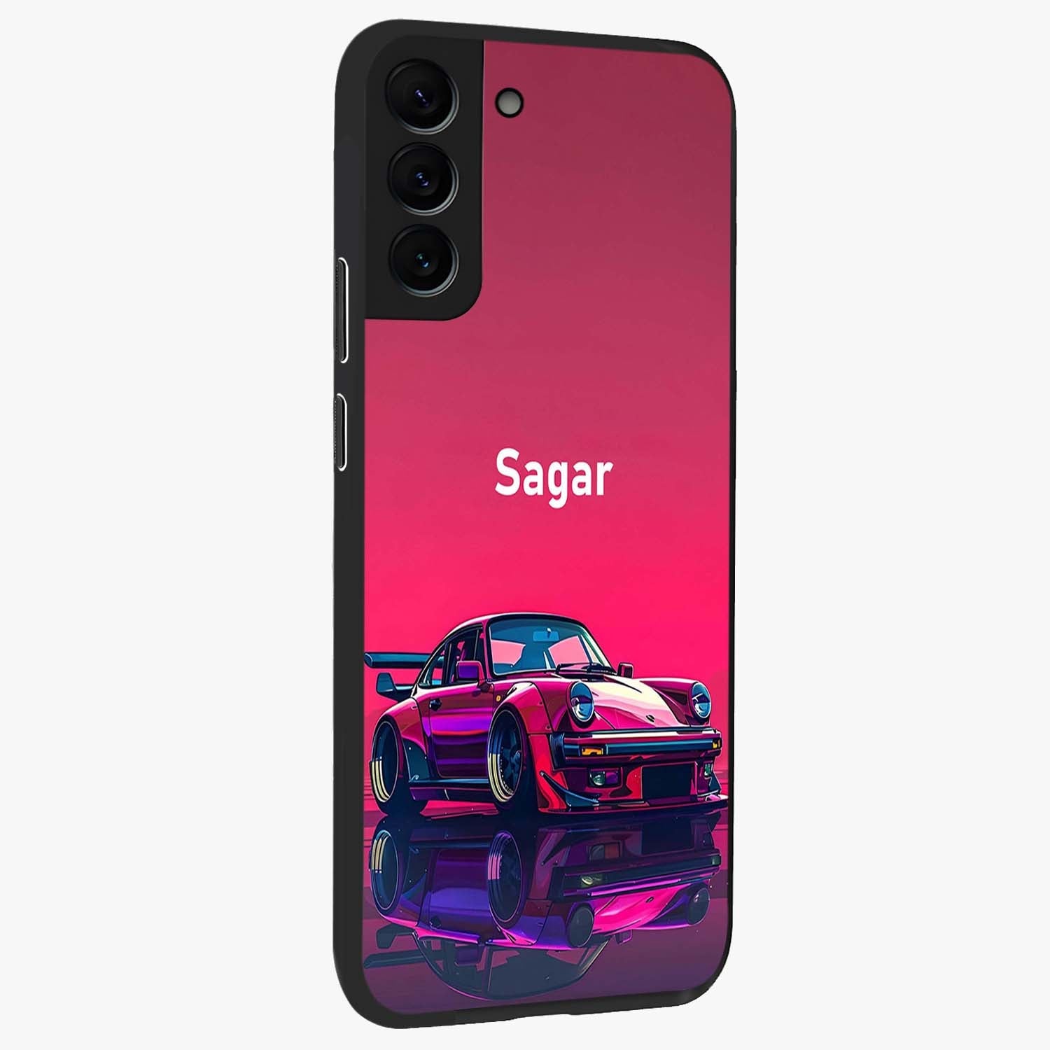 Neon Pink Porsche Glass Case upright view showcasing vibrant sports car artwork with bold automotive theme.