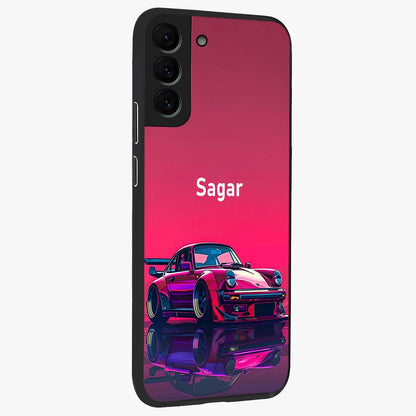 Neon Pink Porsche Glass Case upright view showcasing vibrant sports car artwork with bold automotive theme.