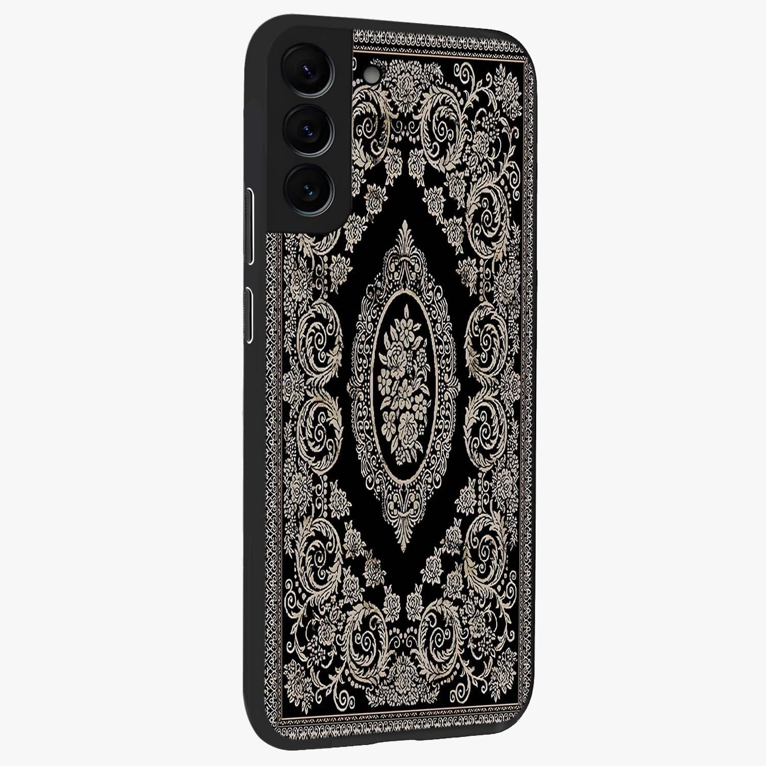 Noir Bloom Elegance Glass Case upright view showcasing graceful floral artwork with luxurious dark theme.