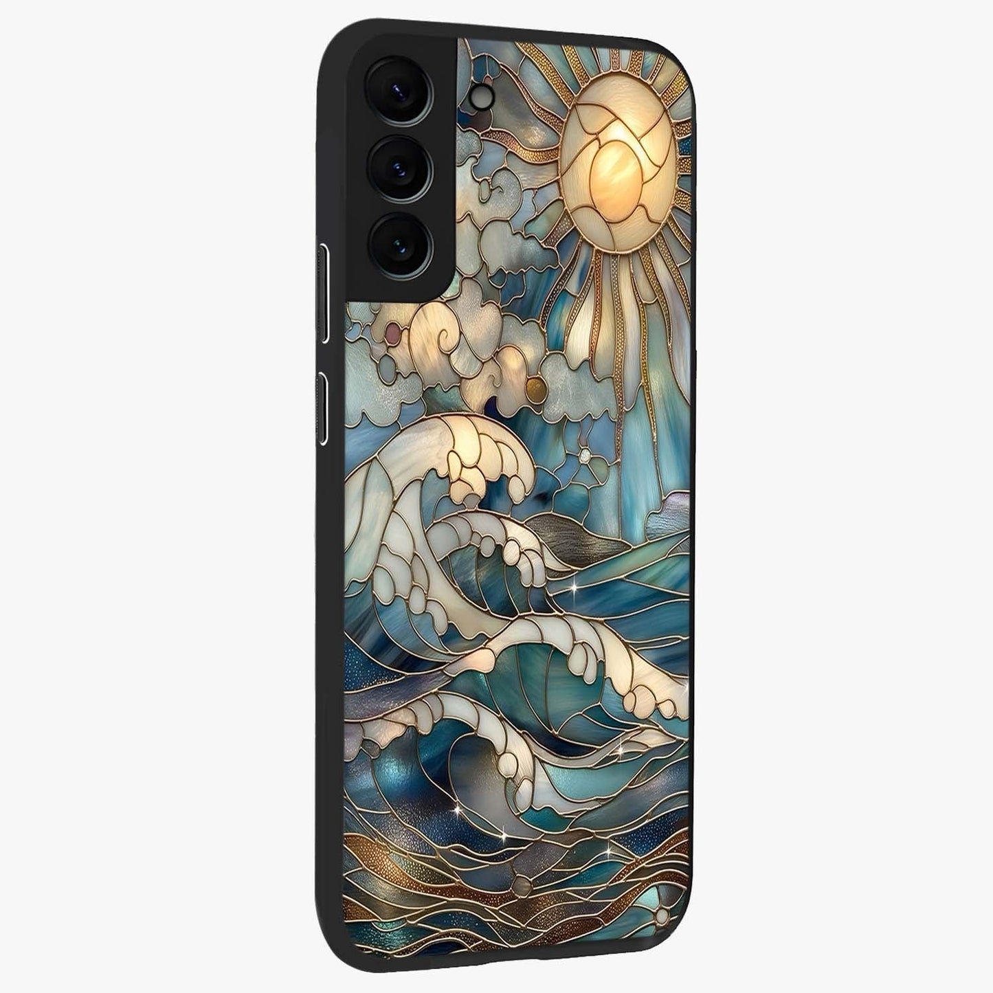 Oceanic Stained Printed Glass Case upright view showcasing decorative ocean pattern artwork with vibrant marine theme.