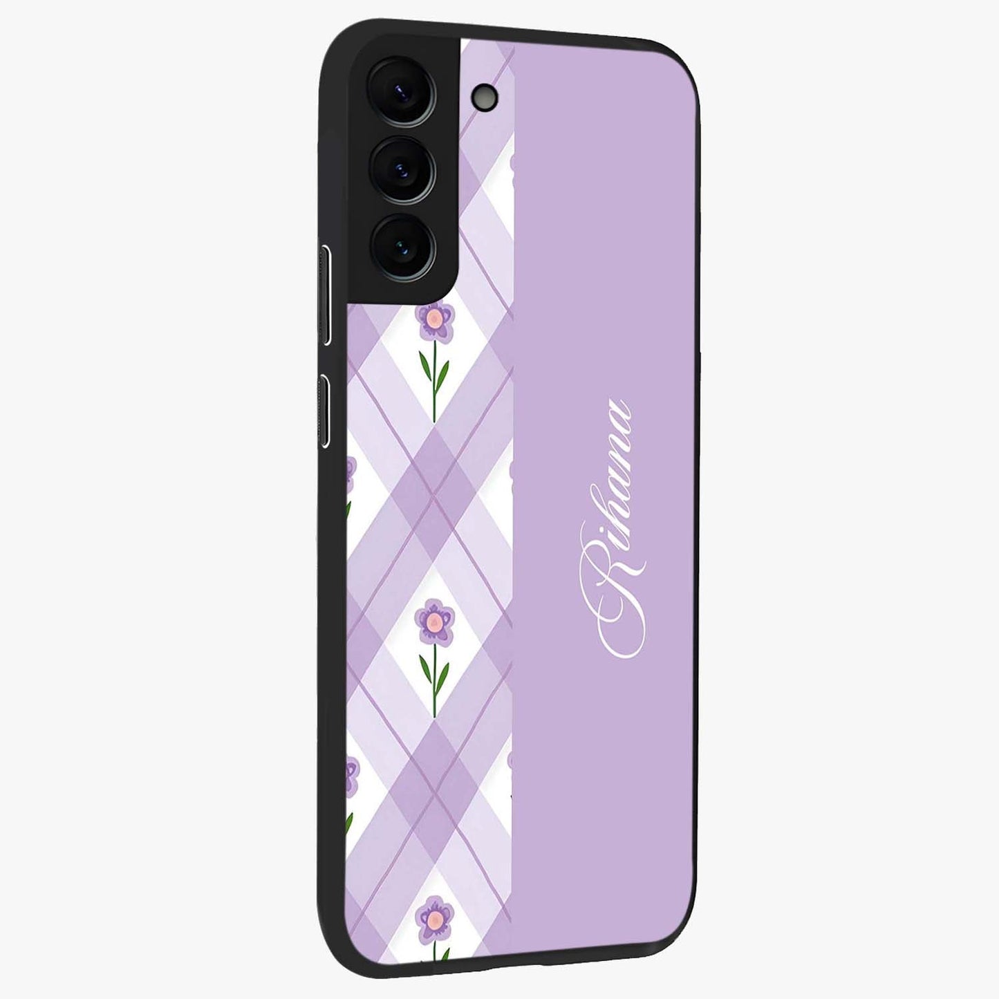 Purple Diamond Floral Glass Case upright view showcasing vibrant floral artwork with stylish geometric theme.