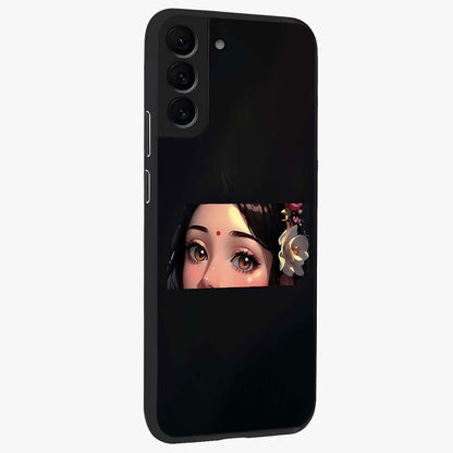 Radha Divine Embrace Glass Case upright view showcasing sacred Radha themed artwork with peaceful devotional style.