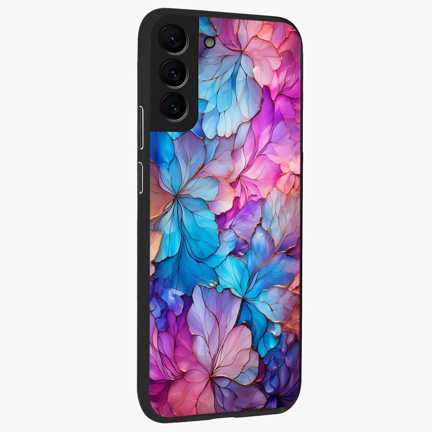 Radiant Floral Whirl Glass Case upright view showcasing lively floral artwork with decorative swirl theme.