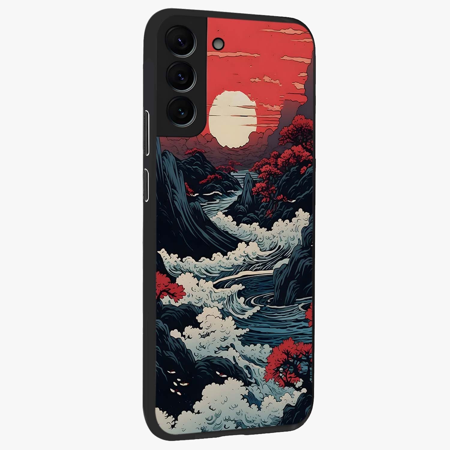 Red Sunset Scenery Glass Case upright view showcasing dramatic sunset scenery artwork with warm nature theme.