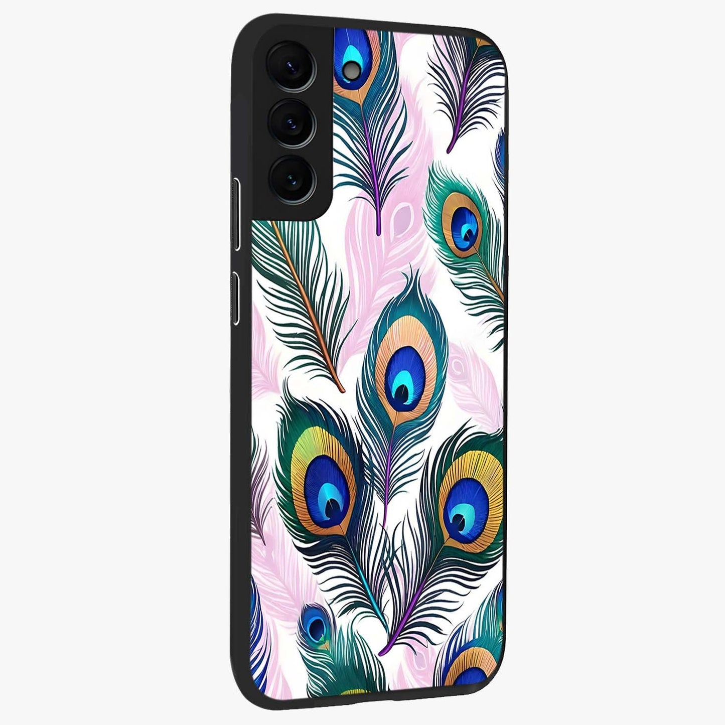 Royal Peacock Feathers Glass Case upright view showcasing elegant peacock feather artwork with decorative royal theme.