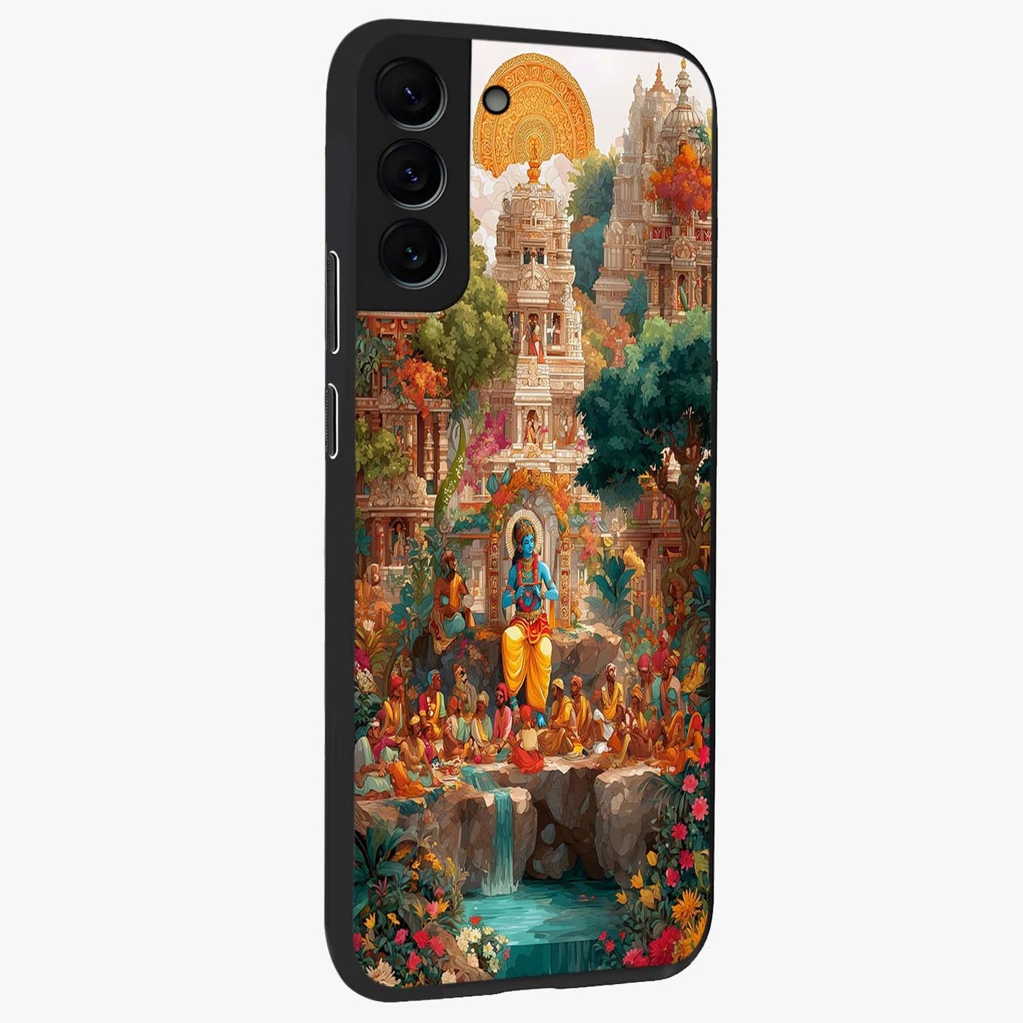 Sacred Sunlight Gods Glass Case upright view showcasing glowing divine artwork with sacred mythological theme.
