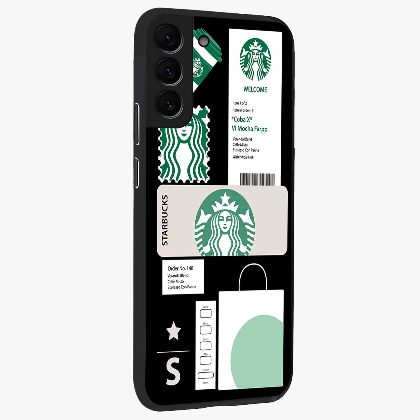 Starbucks Mocha Glass Case upright view showcasing trendy coffee inspired artwork with modern lifestyle theme.