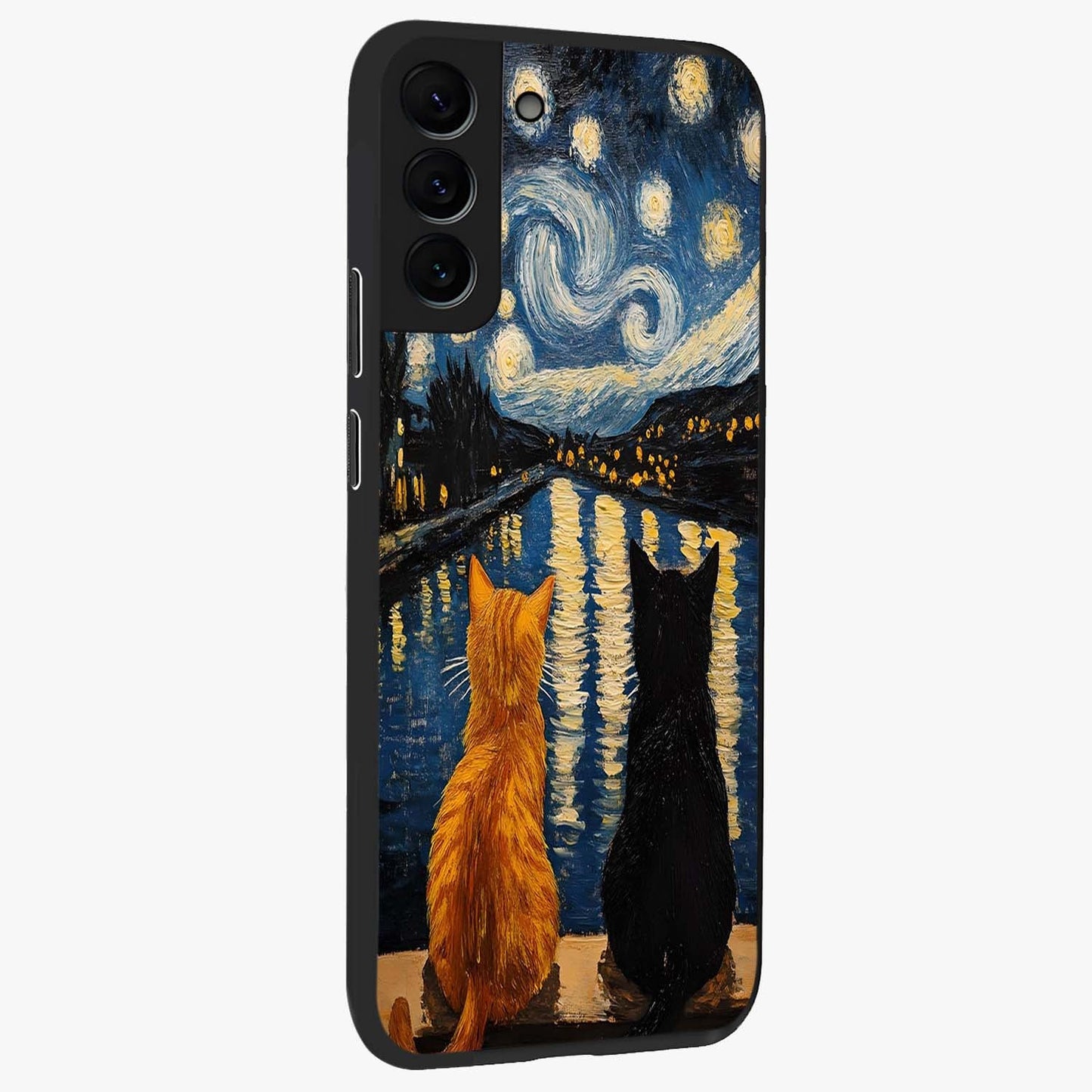 Starry River Cats Glass Case upright view showcasing adorable cat artwork with magical river and stars theme.