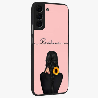 Sunflower Braid Beauty With Custom Name Glass Case upright view showcasing bright sunflower artwork with personalized floral aesthetic.