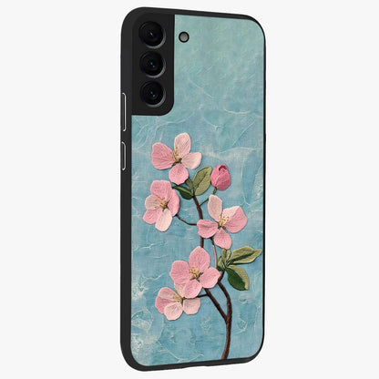 Threaded Blossom Breeze Glass Case upright view showcasing graceful flower artwork with calm botanical theme.