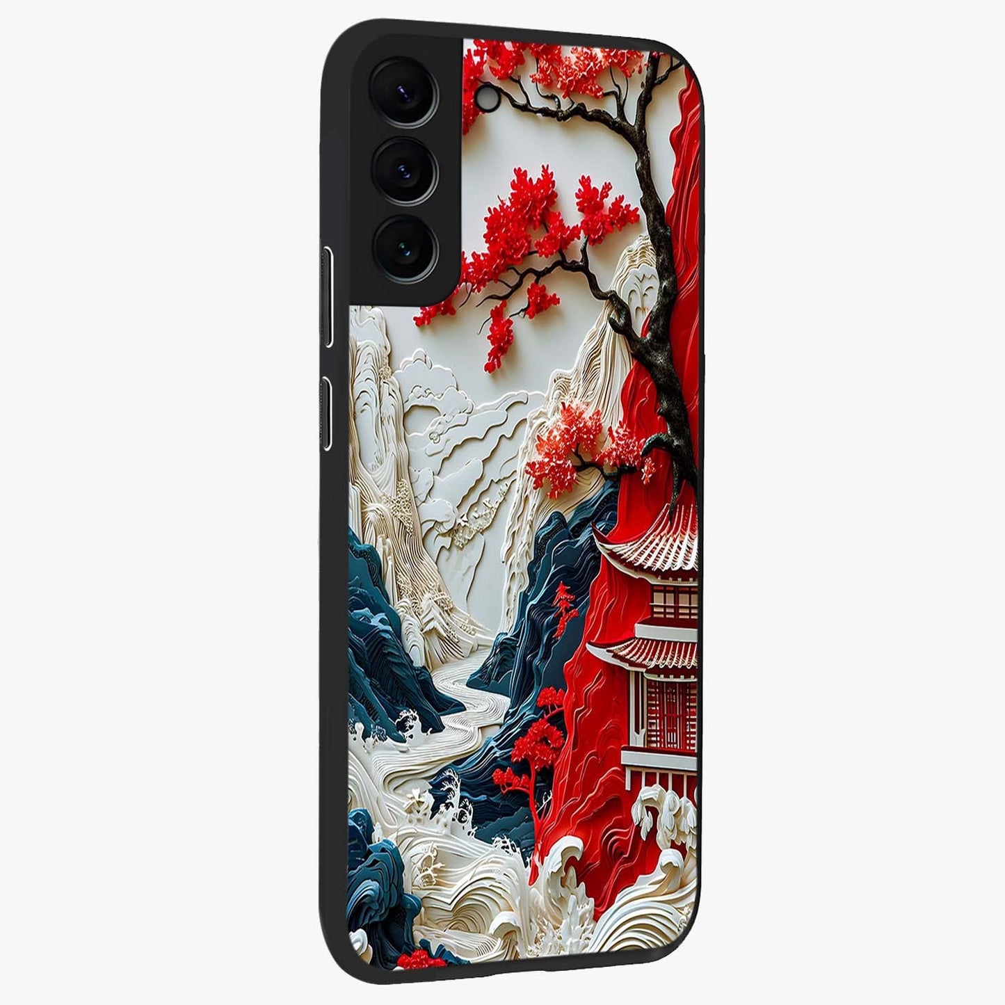 Whispers Of Sakura Waves Glass Case upright view showcasing delicate cherry blossom artwork with elegant nature theme.