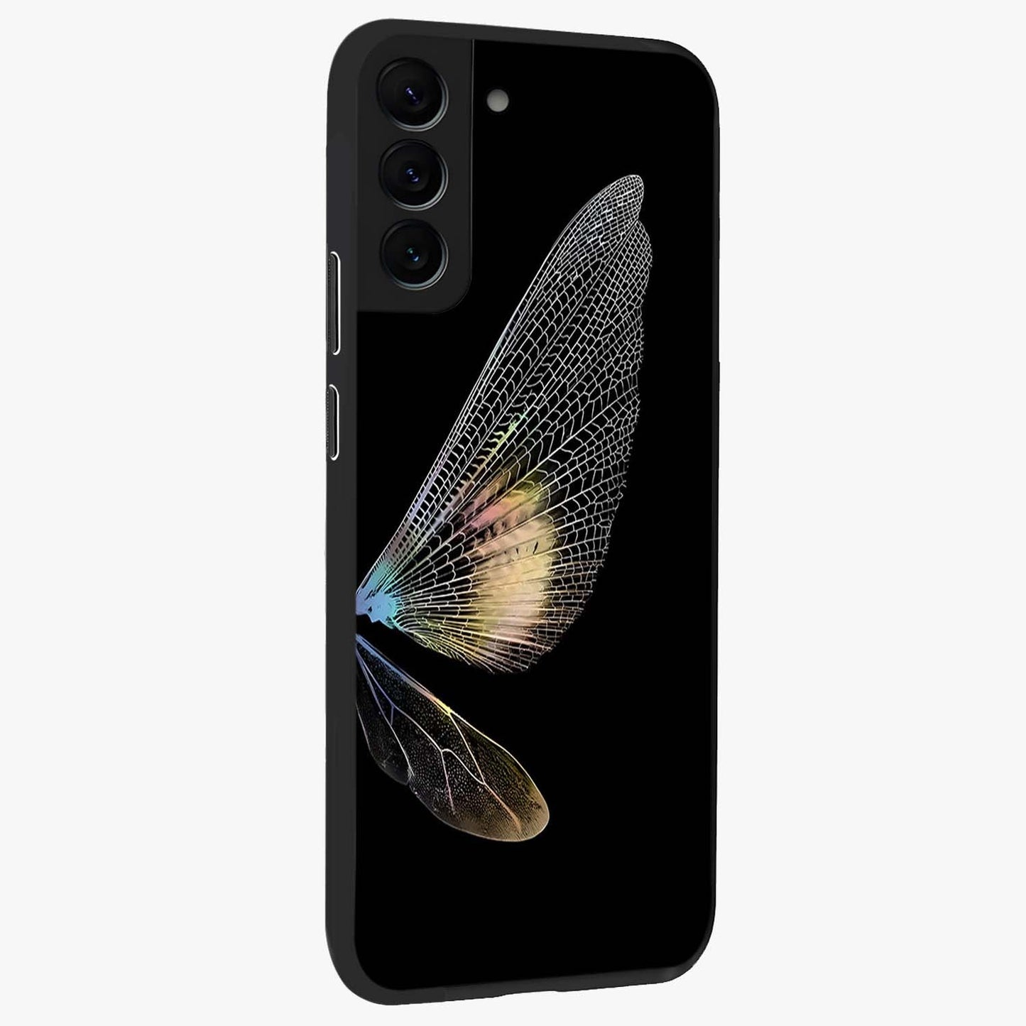 Whispers Of Wings Glass Case upright view showcasing elegant wing artwork with light airy theme.