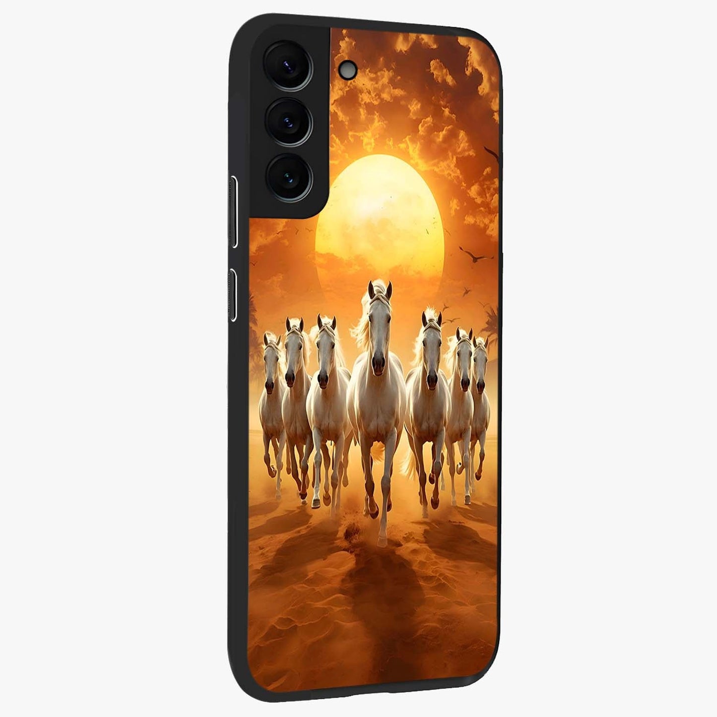 Wild Sunset Majesty Glass Case upright view showcasing dramatic sunset artwork with bold nature theme.