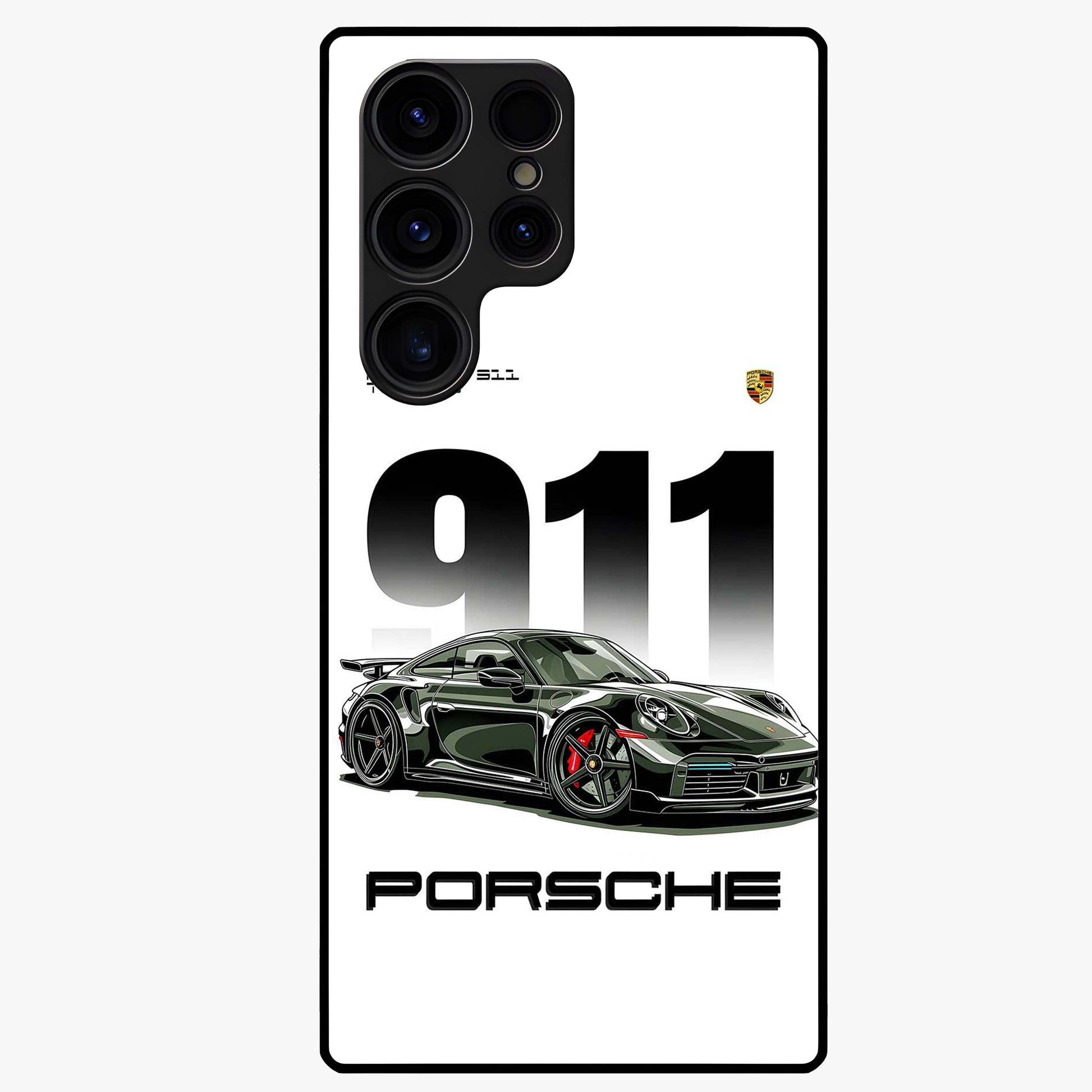 911 Turbo Dominance Glass Case showing clean flat back view with bold 911 sports car artwork and glossy glass finish.
