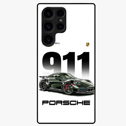 911 Turbo Dominance Glass Case showing clean flat back view with bold 911 sports car artwork and glossy glass finish.