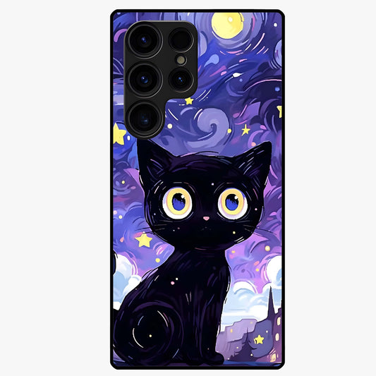 Abstract Cat Art Glass Case showing flat back view with artistic cat illustration and glossy glass finish.