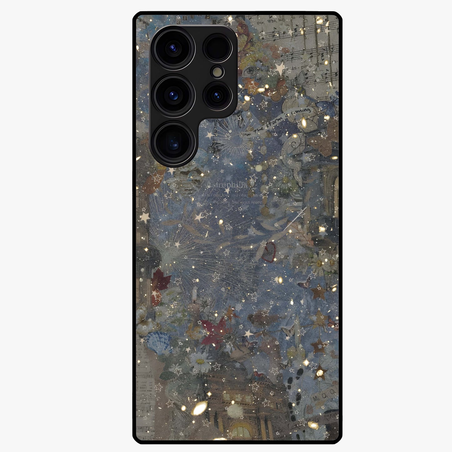 Aesthetic Astrolophia Glass Case showing flat back view with dreamy aesthetic design and glossy glass finish.