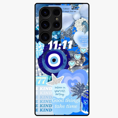 Aesthetic Be Kind Eye Glass Case showing flat back view with motivational eye artwork and glossy glass finish.