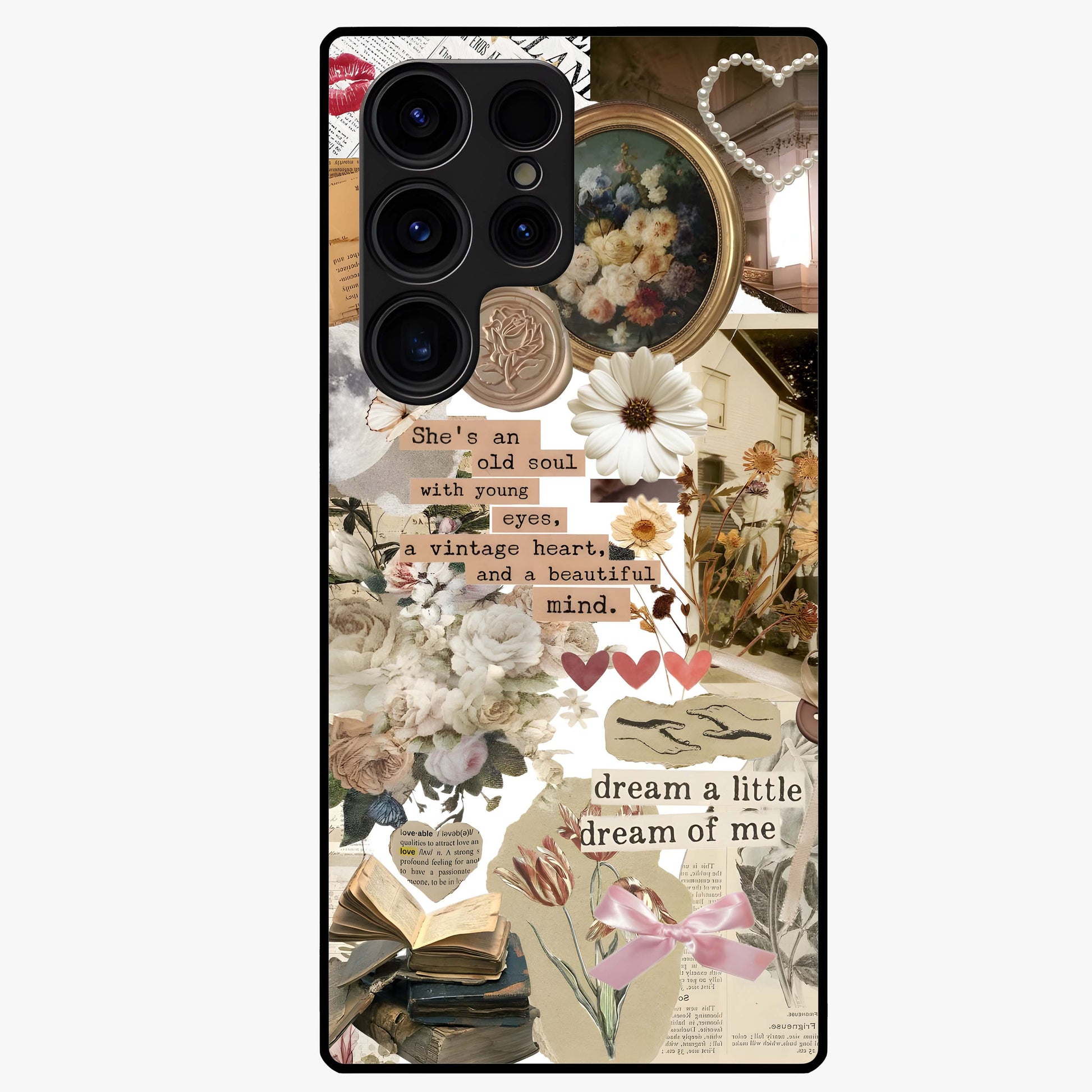 Aesthetic Brown Vintage Collage Glass Case showing flat back view with retro collage artwork and glossy glass finish.