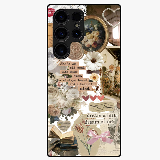 Aesthetic Brown Vintage Collage Glass Case showing flat back view with retro collage artwork and glossy glass finish.