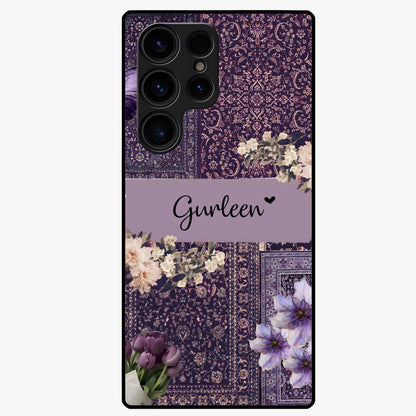Antique Floral Whisper Custom Name Glass Case showing flat back view with vintage floral artwork and personalized name design.