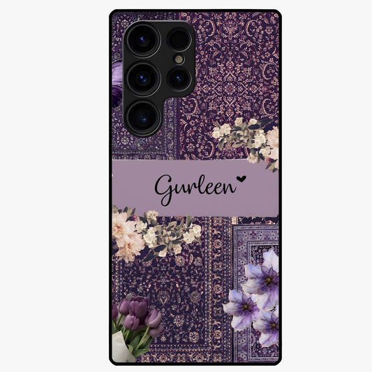 Antique Floral Whisper Custom Name Glass Case showing flat back view with vintage floral artwork and personalized name design.