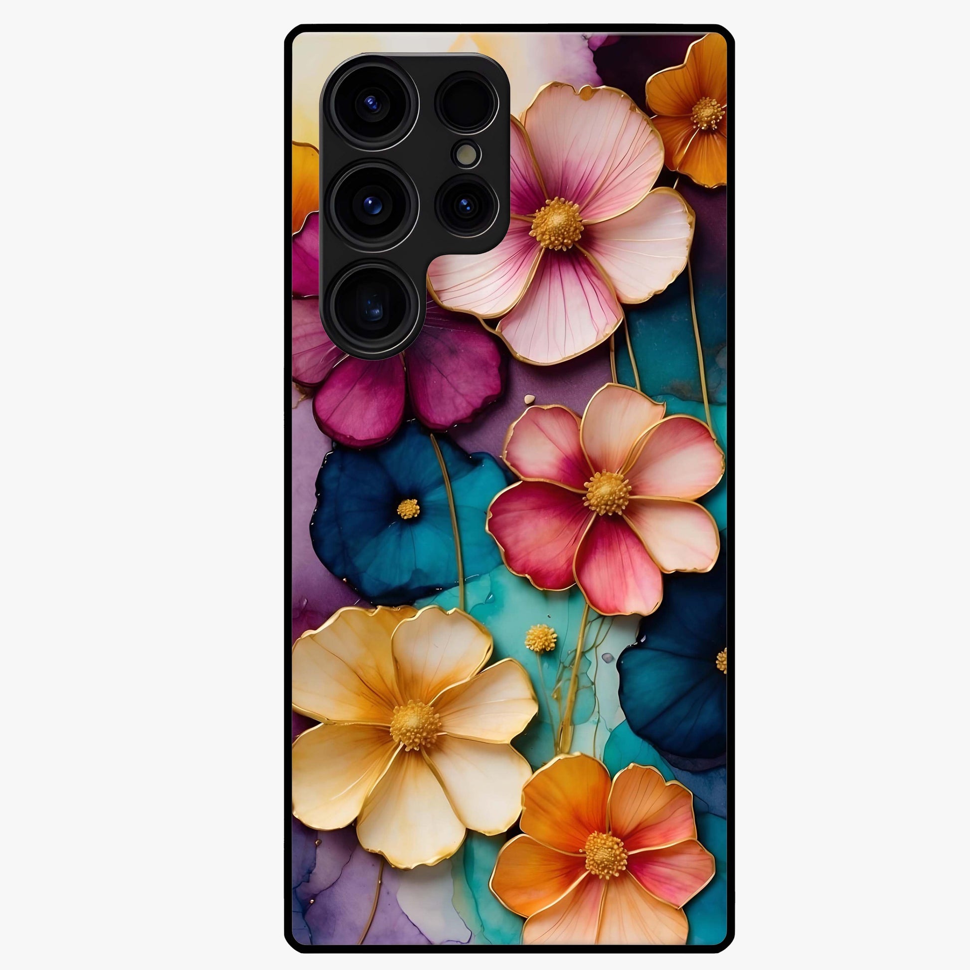 Artlyn Grace Flower Pattern Glass Case showing flat back view with elegant floral pattern artwork and glossy glass finish.