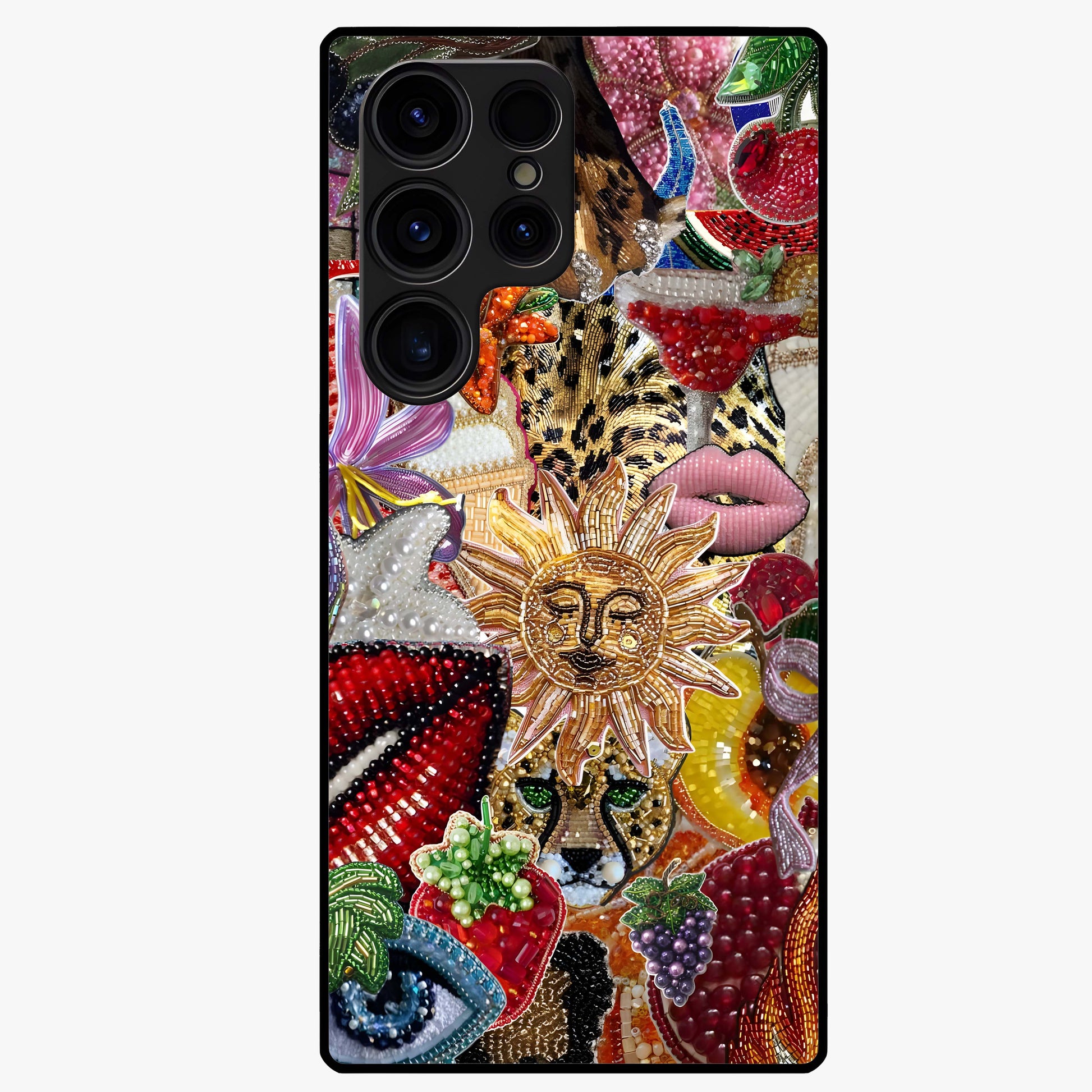Beaded Fashion Jungle Glass Case showing flat back view with vibrant jungle inspired bead artwork and glossy glass finish.
