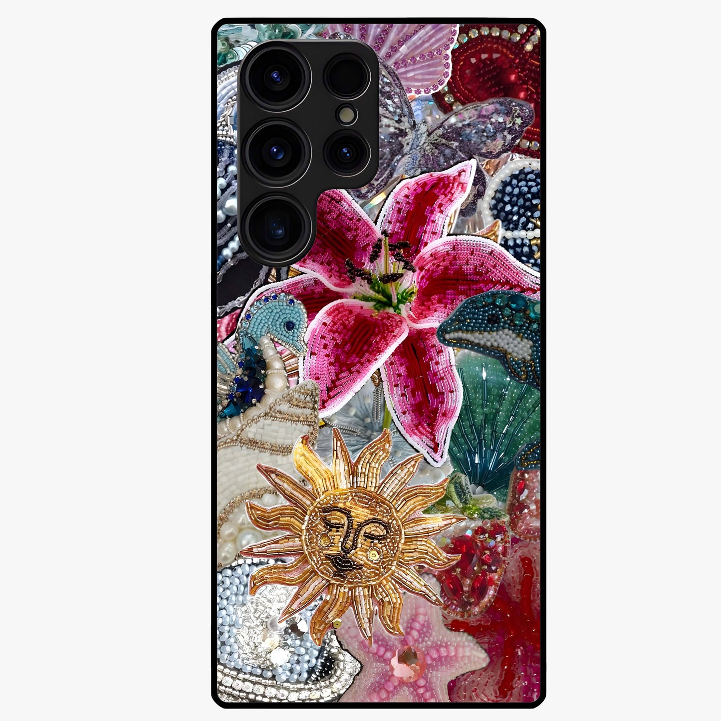 Beaded Garden Fantasy Glass Case showing flat back view with dreamy garden bead artwork and glossy glass finish.