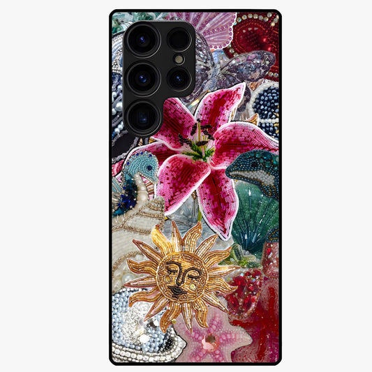 Beaded Garden Fantasy Glass Case showing flat back view with dreamy garden bead artwork and glossy glass finish.