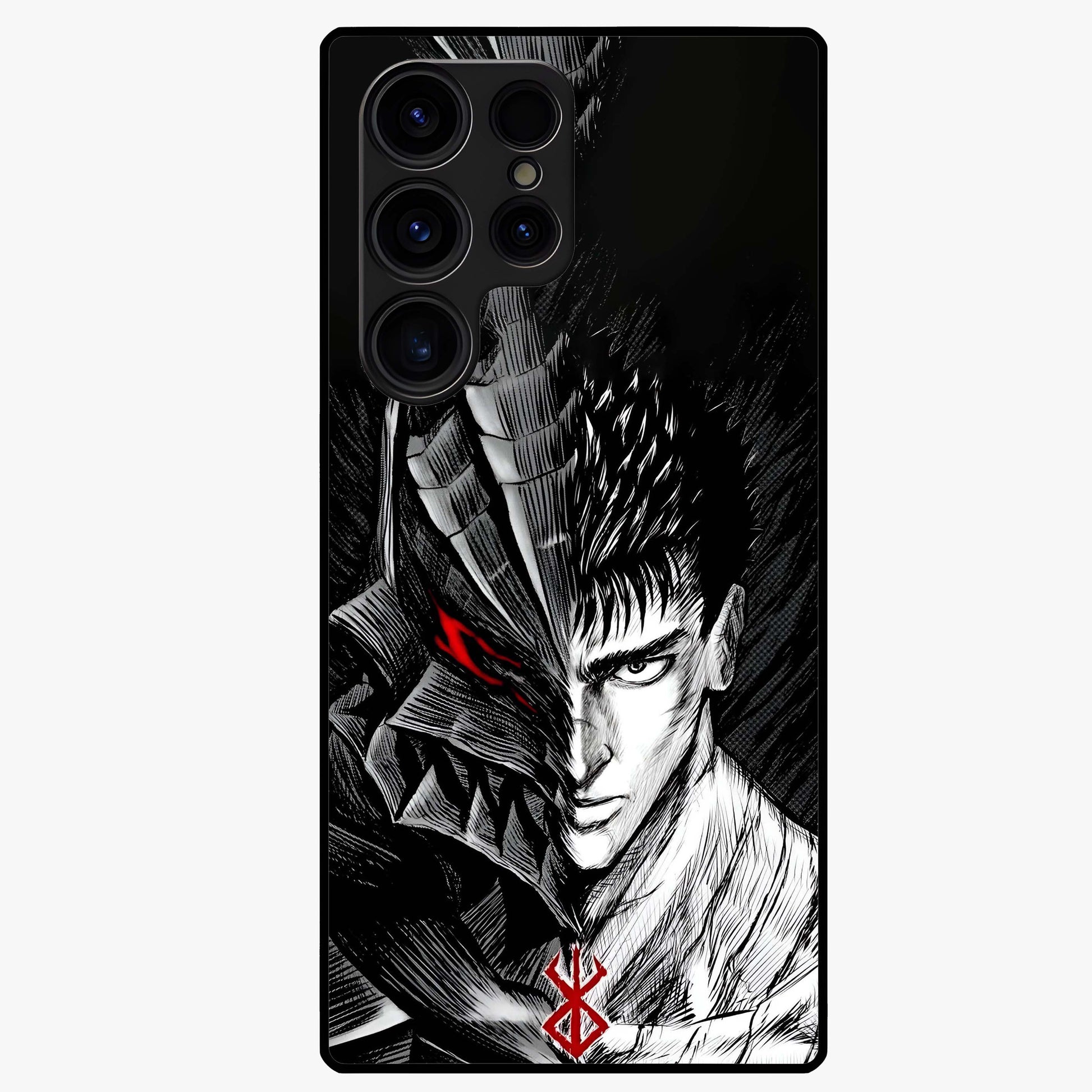 Berserker Blood Oath Glass Case showing flat back view with fierce warrior inspired artwork and glossy glass finish.
