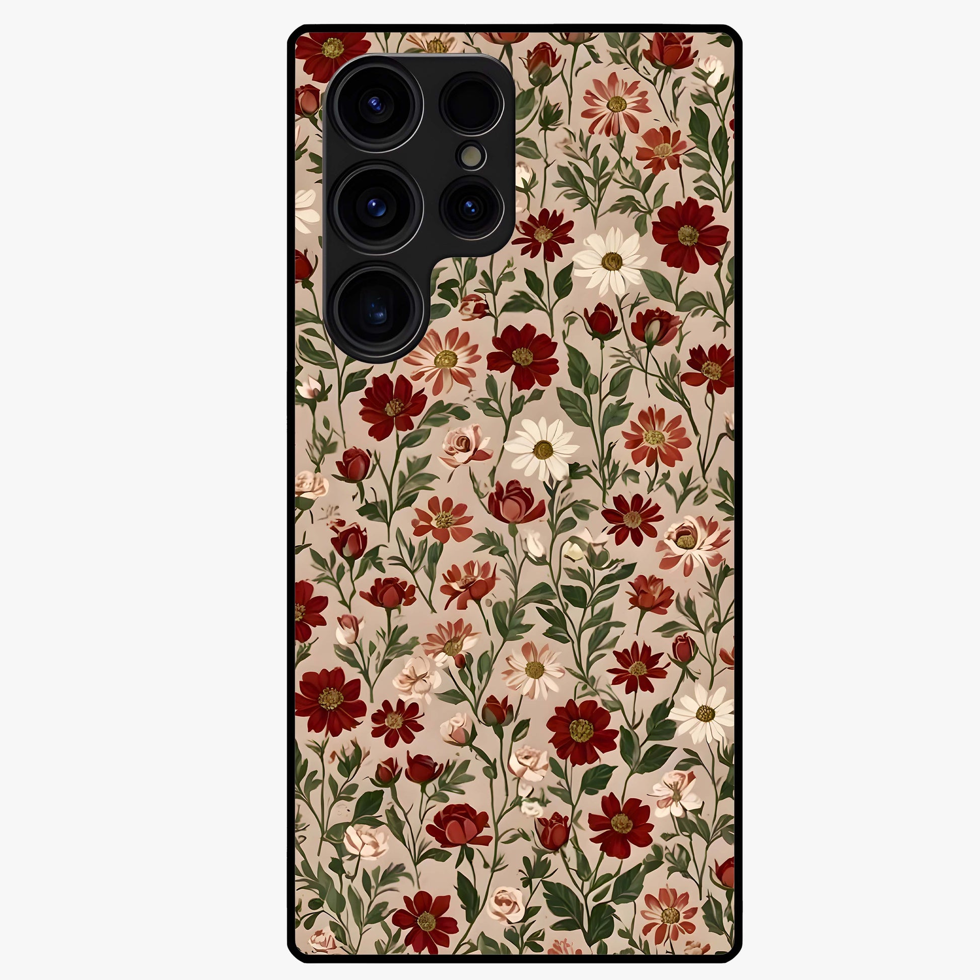 Biege Flower With Leaf Glass Case showing flat back view with soft beige floral artwork and glossy glass finish.