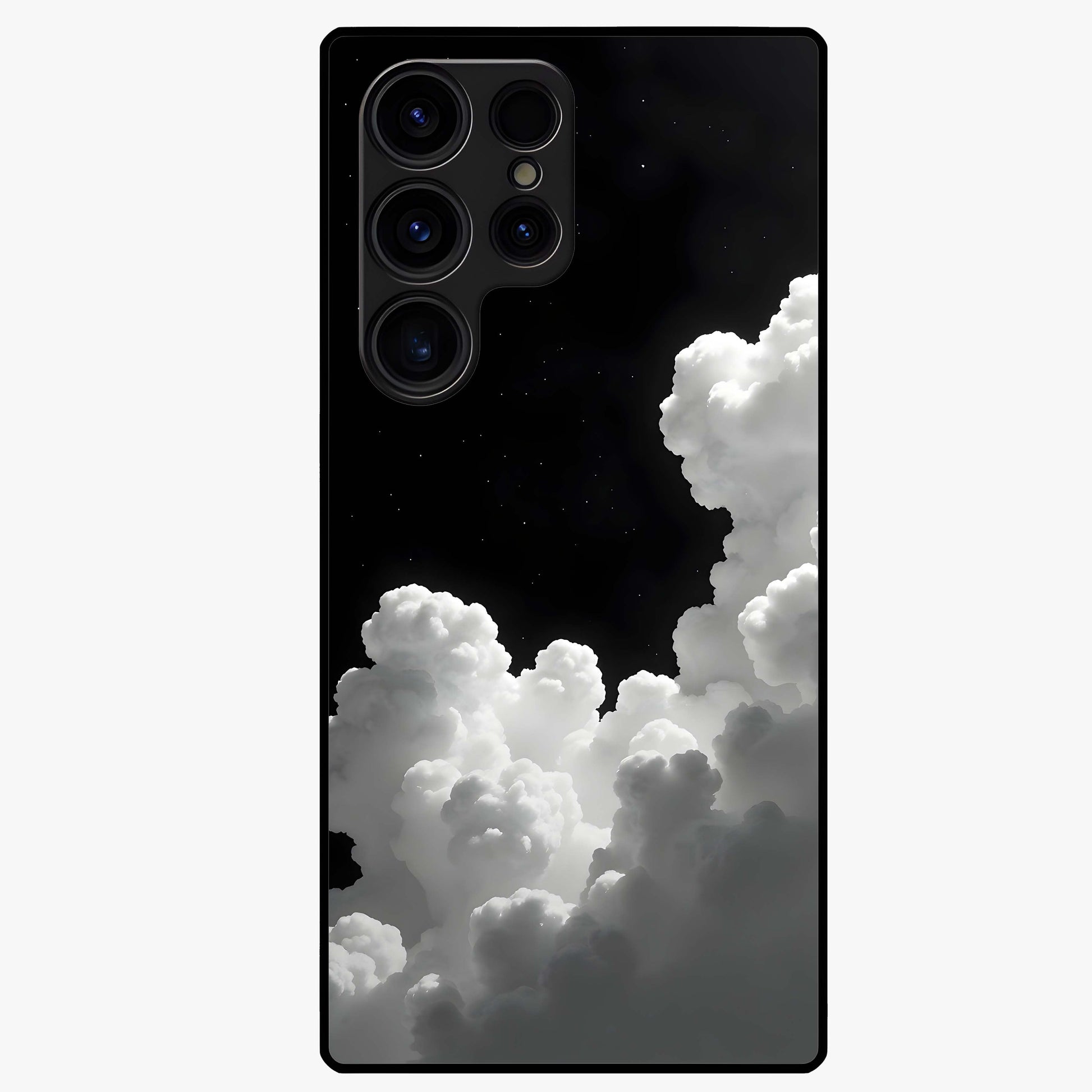 Black Background With White Cloud Glass Case showing flat back view with minimal cloud artwork on dark background and glossy glass finish.