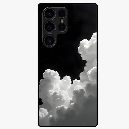 Black Background With White Cloud Glass Case showing flat back view with minimal cloud artwork on dark background and glossy glass finish.