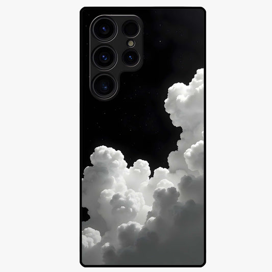 Black Background With White Cloud Glass Case showing flat back view with minimal cloud artwork on dark background and glossy glass finish.