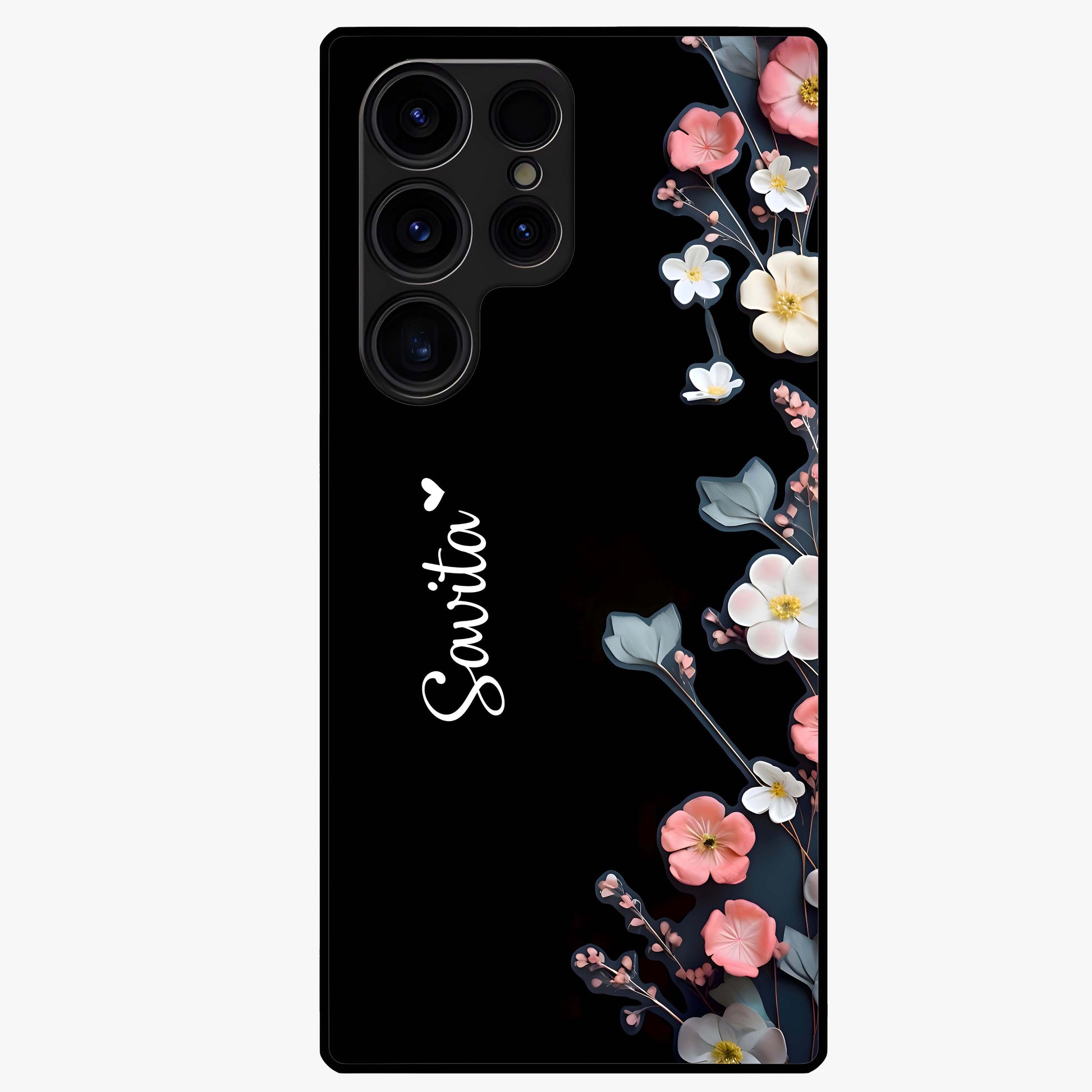 Black Elegance Floral Custom Name Glass Case showing flat back view with elegant floral artwork and personalized name design.