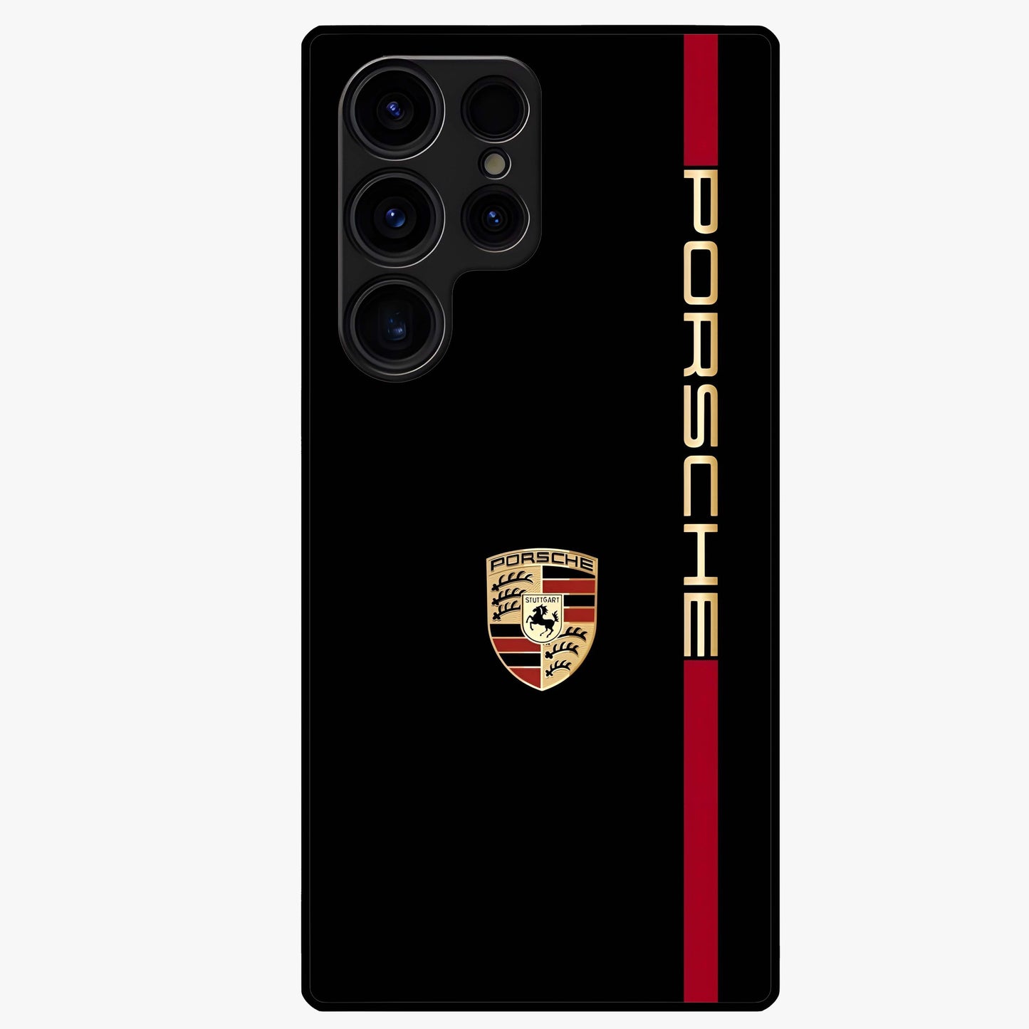 Black Minimal Porsche Glass Case showing flat back view with sleek minimal sports car artwork and glossy glass finish.