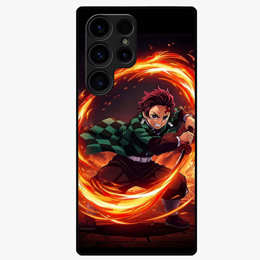 Blazing Sword Resolve Glass Case showing flat back view with fiery sword artwork and glossy glass finish.
