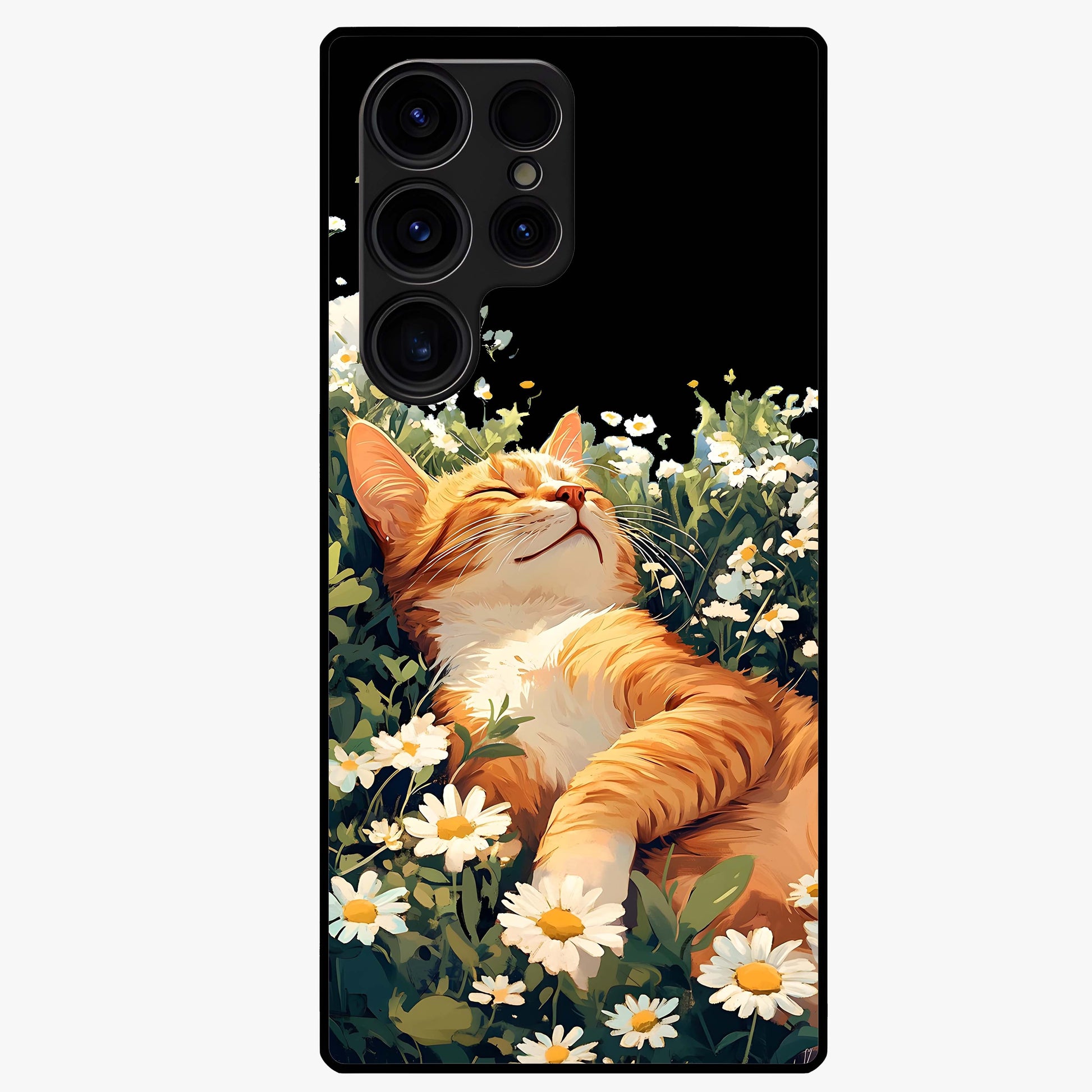Blissful Bloom Cat Glass Case showing flat back view with cute cat and floral bloom artwork and glossy glass finish.