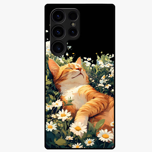Blissful Bloom Cat Glass Case showing flat back view with cute cat and floral bloom artwork and glossy glass finish.