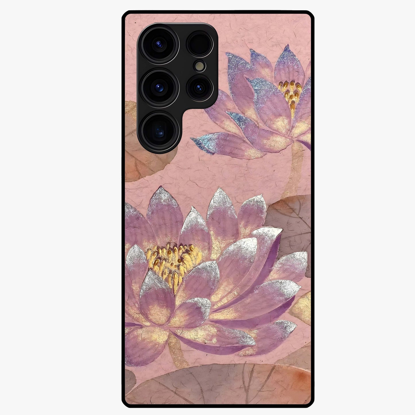 Blossom Mist Lotus Glass Case showing flat back view with serene lotus blossom artwork and glossy glass finish.