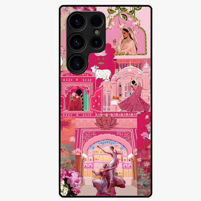 Blossoms of Rajasthan Glass Case showing flat back view with traditional floral artwork inspired by Rajasthan and glossy glass finish.
