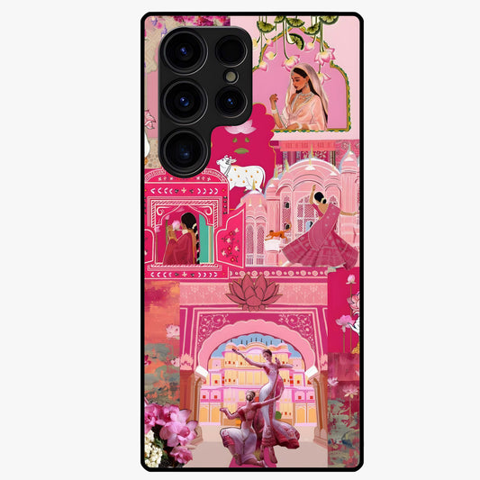 Blossoms of Rajasthan Glass Case showing flat back view with traditional floral artwork inspired by Rajasthan and glossy glass finish.