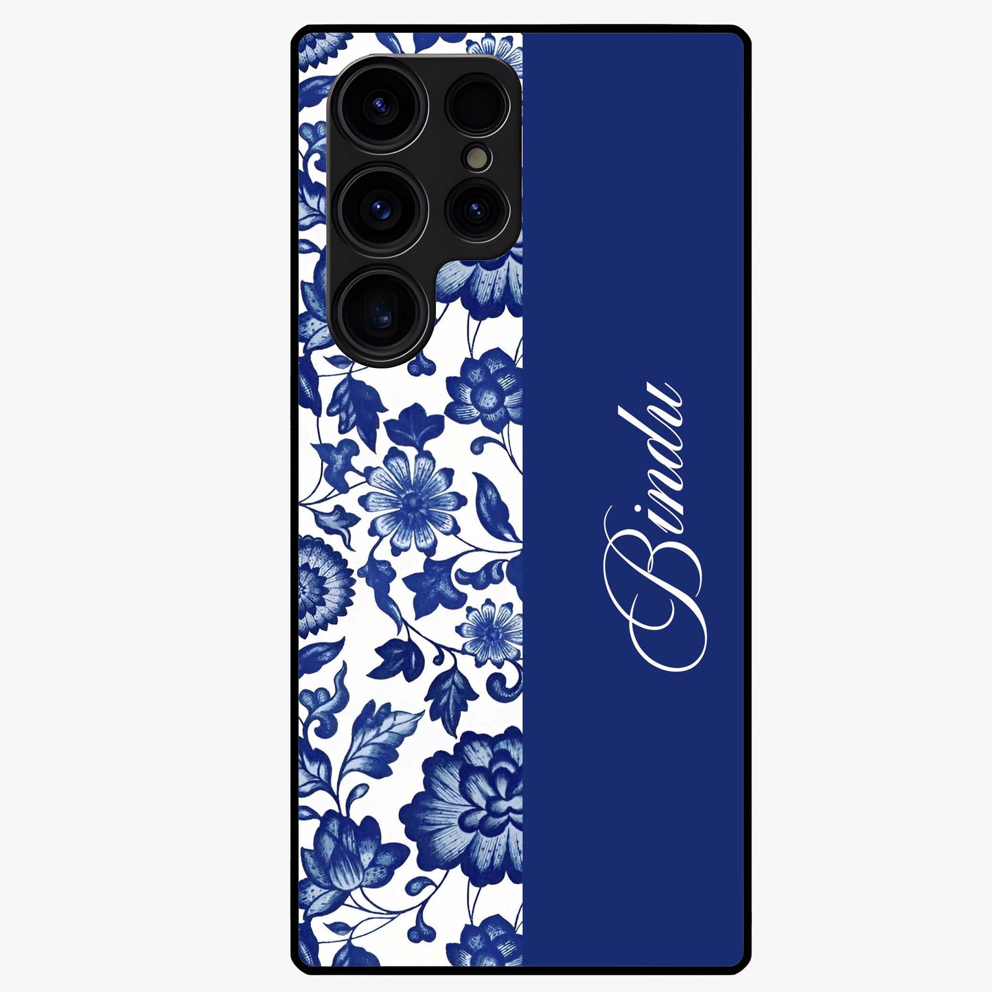 Blue Vintage Floral Pattern Glass Case upright view showcasing timeless floral illustration with vintage inspired style.